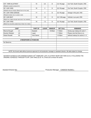 EXT. YARD ALLEYWAY 15 2,3 D (5) 1/6 page Car Yard, South Croydon, CR2
(OWNER CHASES LOGAN OFF)
INT. CAR YARD 16 3 D (6) 1/6 page Car Yard, South Croydon, CR2
(OWNER WALKS PASSED SWEETAH IN THE CAR)
INT. CAR YARD GARAGE 17 3 D (6) 1/6 page Garage in the yard, CR2
(OWNER WORKS ON A CLASSIC CAR)
INT. CAR SEAT 18 1,3 D (6) 1.5/6 page Vehicle in car yard, CR2
(SWEETAH COMES ROUND AND SEES THE OWNER)
INT. CAR YARD 19 1,3 D (6) 1/6 page Car Yard, South Croydon, CR2
(SWEETAH ESCAPES UNNOTICED FROM THE YARD)
CAST PART OF LEAVE MAKEUP SET CALL REMARKS
Bhavna Dougah (1) Sweetah 10:00am 11:00am Smoky eye makeup for actor 1.
Brandon Webster (2) Logan 11:00am Please note that there is no
Robert Russell (3) Yard Owner 12:30pm defined makeup for actors 2 + 3
ATMOSPHERE & STAND-INS
No Stand-ins
NOTE: No forced calls without previous approval of unit production manager or assistant director. All calls subject to change.
ADVANCE SCHEDULE OR CHANGES SUNDAY 28
TH
FEBRUARY, 2016, ALLEYWAY NEAR CAR YARD (D) Sc 3 FOLLOWING THE
ORIGINAL SCHEDULE THROUGH TO INT. CAR YARD (D) Sc 19. (Times are to remain the same)
Assistant Director N/a Production Manager CANDICE RUSSELL
 