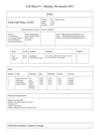 Call Sheet #1 - Monday 5th January 2013
EVE
Unit Call Time: 15:45
Weather:
Sunrise:
Sunset:
Humidity
5°C – Slight mist rain
07:36
16:18
20%
Main Production Contact Name & Number
Director:
Line Producer:
1st Assistant Director:
Assistant Producer:
3rd Assistant Director:
Name: Abigail Bacon
Name: Danielle Duffy
Name: Grace
Crawford
Email: 12BaconA@mansheadschool.co.uk
Email: 12DuffyD@mansheadschool.co.uk
Email: 12CrawfordG@mansheadschool.co.uk
Sets Sc No Location Synopsis Cast No
Park
Alleyway
Street
29-44
45-53
Caddington
Street/Alleyway/park
Eve and Jess walks home from school, than
Eve encounters her first message
2
1
1
Cast
Cast No Cast Character P/U W/R M/U On Set Contact
1
2
3
4
Grace Crawford
Abi Bacon
Mark Bacon
Danielle Duffy
Eve
Jess
Shadow
Figure
Figure in
alleyway
12:00
16:00
16:00
16:00
12:30
16:30
16:30
16:30
15:45
15:45
17:00
15:45
Number
Number
Number
Number
Production Requirements
Rushes: Danielle Duffy
Parking: Car parked outside Abi’s drive
Catering: N/A
Toilets: Abi’s home
Medical: Medical kit will be brought with us
Preliminary Schedule - Subject to change
 