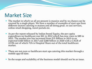 Market Size
 The market in which we all are present is massive and by no chance can be
covered by a single player. We have a number of examples of start ups from
different sectors catering to masses and all doing great. ex taxi services,
online retail shopping, travel portals etc.
 As per the report released by Indian brand Equity, the per capita
expenditure on healthcare was $61 in 2012 which has now risen to $89 in
2015. The market size has increased from $75 Billion in 2013 to an
expected $160 billion in 2017 and $280 billion in 2020 with a CAGR of
22.9% out of which 71% is Hospital Share out of the total healthcare
market.
 There are not even 10 healthcare start ups catering this market through a
mobile app till date.
 So the scope and scalability of the business model should not be an issue.
 