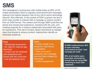 SMS
Cons
• Content needs to be
simple for multi device
compatibility
• There is a cost to
consumer (text message
cost and data charges for
download)
• Limited engagement
Of 4BN mobile phones, 86%
of users said they
receive/send at least 1 text
message per week
95% of all mobile users
have been connected to
brands that are using SMS
marketing to reach their
customers.
Text messaging is synonymous with mobile today as 80% of US
mobile phoneusers claim to regularly receive/send text messages,
making it the highest adoption rate of any call to action technology
(Source: Pew Internet). In the context of OOH a person can text a
short code number to interact with a message or receive content
from an OOH format. The content sent through SMS could then be
stored and viewed post experience, traveling with the user, and
creating longevity for a medium traditionally associated with pass-
by impressions. This opt-in function allows advertisers to retarget
users that decide to receive content, helping them identify an
interested audience.
Pros
• Widespread awareness
• No need for external app
download
• Content can be reviewed
post experience and
travels with the consumer
• Low educational curve
Source: Anchor Mobile
 