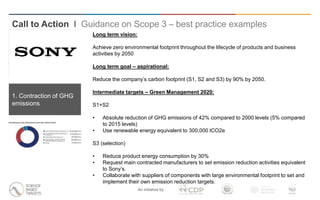 An initiative by
Call to Action I Guidance on Scope 3 – best practice examples
Long term vision:
Achieve zero environmental footprint throughout the lifecycle of products and business
activities by 2050
Long term goal – aspirational:
Reduce the company’s carbon footprint (S1, S2 and S3) by 90% by 2050.
Intermediate targets – Green Management 2020:
S1+S2
• Absolute reduction of GHG emissions of 42% compared to 2000 levels (5% compared
to 2015 levels)
• Use renewable energy equivalent to 300,000 tCO2e
S3 (selection)
• Reduce product energy consumption by 30%
• Request main contracted manufacturers to set emission reduction activities equivalent
to Sony’s.
• Collaborate with suppliers of components with large environmental footprint to set and
implement their own emission reduction targets.
1. Contraction of GHG
emissions
 