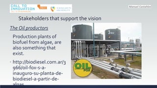 Stakeholders that support the vision
The Oil productors
Production plants of
biofuel from algae, are
also something that
exist.
- http://biodiesel.com.ar/3
966/oil-fox-s-a-
inauguro-su-planta-de-
biodiesel-a-partir-de-
algas
 