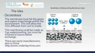 The idea
- The membrane
The membrane must let the gases
and vapors interchange within the
environment. This will allow the
CO2 diffusion from out to inside.
This membrane could be made as
C90 waterproofing, but must be
evolved to assure better
exchange.
There are some manufacturers,
also in China
http://www.underlaychina.com
Breathabe y Waterproofing Membrane (C90)
 