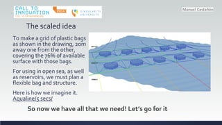The scaled idea
To make a grid of plastic bags
as shown in the drawing, 20m
away one from the other,
covering the 76% of available
surface with those bags.
For using in open sea, as well
as reservoirs, we must plan a
flexible bag and structure.
Here is how we imagine it.
Aqualine/5 secs/
So now we have all that we need! Lets go for it
 