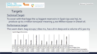 Targets
Technical Target:
To cover with that bags the 11 biggest reservoirs in Spain (90.000 ha), to
produce up to 7 million tons/year meaning 3.700 Million /year in Diesel oil.
Performance target:
The 100m diam. bag occupy 7.800 m2, has 0.8 m deep and a volume of 6.300 m3
 