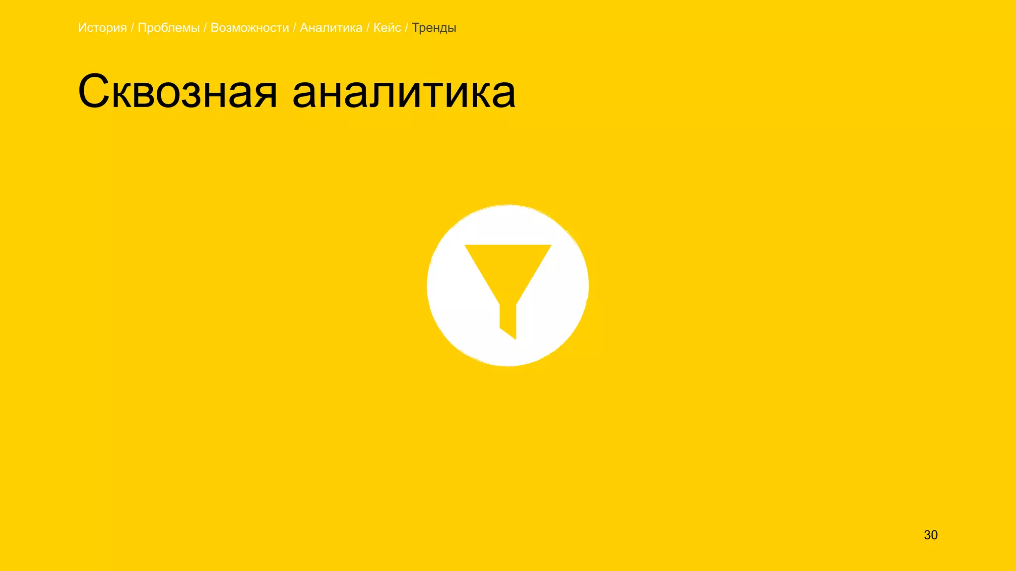 Сквозная аналитика
30
История / Проблемы / Возможности / Аналитика / Кейс / Тренды
 