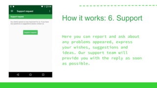 How it works: 6. Support
Here you can report and ask about
any problems appeared, express
your wishes, suggestions and
ideas. Our support team will
provide you with the reply as soon
as possible.
 
