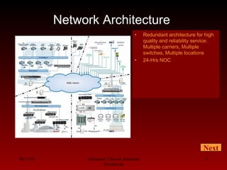 08/13/10 Advanced Telecom Solutions
Worldwide
5
Network Architecture
Next
• Redundant architecture for high
quality and reliability service:
Multiple carriers, Multiple
switches, Multiple locations
• 24-Hrs NOC
 