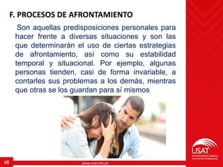 www.usat.edu.pe10
F. PROCESOS DE AFRONTAMIENTO
Son aquellas predisposiciones personales para
hacer frente a diversas situaciones y son las
que determinarán el uso de ciertas estrategias
de afrontamiento, así como su estabilidad
temporal y situacional. Por ejemplo, algunas
personas tienden, casi de forma invariable, a
contarles sus problemas a los demás, mientras
que otras se los guardan para sí mismos
 