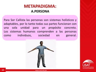 www.usat.edu.pe12
METAPADIGMA:
A.PERSONA
Para Sor Callista las personas son sistemas holísticos y
adaptables, por lo tanto todas sus partes funcionan con
una sola unidad para un propósito concreto.
Los sistemas humanos comprenden a las personas
como individuos, sociedad en general.
 