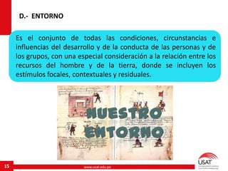 www.usat.edu.pe15
D.- ENTORNO
Es el conjunto de todas las condiciones, circunstancias e
influencias del desarrollo y de la conducta de las personas y de
los grupos, con una especial consideración a la relación entre los
recursos del hombre y de la tierra, donde se incluyen los
estímulos focales, contextuales y residuales.
 