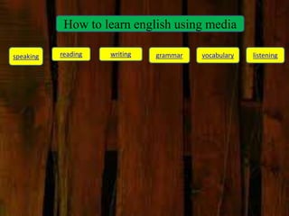 How to learn english using media
speaking reading writing grammar vocabulary listening
 