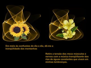 Em meio às confusões do dia a dia, dê-me a
tranqüilidade das montanhas.
Retire a tensão dos meus músculos e
nervos com a música tranqüilizante dos
rios de águas constantes que vivem em
minhas lembranças.

 