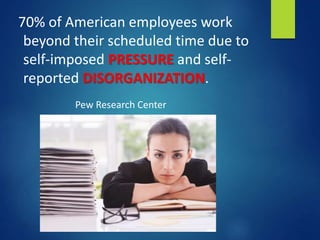 70% of American employees work
beyond their scheduled time due to
self-imposed PRESSURE and self-
reported DISORGANIZATION.
Pew Research Center
 