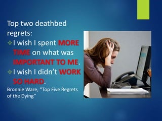 Top two deathbed
regrets:
I wish I spent MORE
TIME on what was
IMPORTANT TO ME.
I wish I didn’t WORK
SO HARD.
Bronnie Ware, “Top Five Regrets
of the Dying”
 