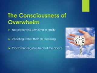  No relationship with time in reality
 Reacting rather than determining
 Procrastinating due to all of the above
 