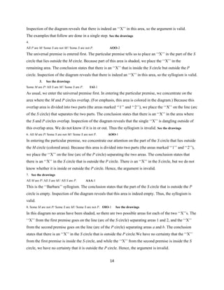 14
Inspection of the diagram reveals that there is indeed an ‘‘X’’ in this area,so the argument is valid.
The examples that follow are done in a single step. See the drawings
4.
All P are M/ Some S are not M// Some S are not P. AOO-2
The universal premise is entered first. The particular premise tells us to place an ‘‘X’’ in the part of the S
circle that lies outside the M circle. Because part of this area is shaded, we place the ‘‘X’’ in the
remaining area. The conclusion states that there is an ‘‘X’’ that is inside the S circle but outside the P
circle. Inspection of the diagram reveals that there is indeed an ‘‘X’’ in this area,so the syllogism is valid.
3. See the drawings
Some M are P/ All S are M// Some S are P. IAI-1
As usual, we enter the universal premise first. In entering the particular premise, we concentrate on the
area where the M and P circles overlap. (For emphasis, this area is colored in the diagram.) Because this
overlap area is divided into two parts (the areas marked ‘‘1’’ and ‘‘2’’), we place the ‘‘X’’ on the line (arc
of the S circle) that separates the two parts. The conclusion states that there is an ‘‘X’’ in the area where
the S and P circles overlap. Inspection of the diagram reveals that the single ‘‘X’’ is dangling outside of
this overlap area. We do not know if it is in or out. Thus the syllogism is invalid. See the drawings
6. All M are P/ Some S are not M// Some S are not P. AOO-1
In entering the particular premise, we concentrate our attention on the part of the S circle that lies outside
the M circle (colored area). Because this area is divided into two parts (the areas marked ‘‘1’’ and ‘‘2’’),
we place the ‘‘X’’ on the line (arc of the P circle) separating the two areas. The conclusion states that
there is an ‘‘X’’ in the S circle that is outside the P circle. There is an ‘‘X’’ in the S circle, but we do not
know whether it is inside or outside the P circle. Hence,the argument is invalid.
7. See the drawings
All M are P/ All S are M// All S are P. AAA-1
This is the ‘‘Barbara’’ syllogism. The conclusion states that the part of the S circle that is outside the P
circle is empty. Inspection of the diagram reveals that this area is indeed empty. Thus, the syllogism is
valid.
8. Some M are not P/ Some S are M// Some S are not P. OIO-1 See the drawings
In this diagram no areas have been shaded,so there are two possible areas for each of the two ‘‘X’’s. The
‘‘X’’ from the first premise goes on the line (arc of the S circle) separating areas 1 and 2, and the ‘‘X’’
from the second premise goes on the line (arc of the P circle) separating areas a and b. The conclusion
states that there is an ‘‘X’’ in the S circle that is outside the P circle.We have no certainty that the ‘‘X’’
from the first premise is inside the S circle, and while the ‘‘X’’ from the second premise is inside the S
circle, we have no certainty that it is outside the P circle. Hence,the argument is invalid.
 