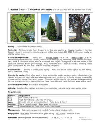 * Incense Cedar – Calocedrus decurrens

(kal-oh-SEE-drus deck-ER-renz or DEK-er-ens

Family: Cupressaceae (Cypress Family)
Montane forests from Oregon to n. Baja and east to w. Nevada. Locally, in the San
Gabriel Mtns.; ]; common in mixed-evergreen, yellow-pine forests 200-6500 ft. elevation, locally on
slightly wetter sites.

Native to:

woody tree
mature height: 40-70+ ft.
mature width: 25-50 ft.
Woody evergreen tree with a tapered, conical shape when young, becoming more rounded with age.
Thick bark is cinnamon-brown, fibrous, furrowed, and ridged. Evergreen, scale-like leaves in flat
sprays of aromatic, bright-green foliage. Truly handsome tree – scent is woodsy, soothing. Trees
grow slowly (after the first 20 ft) and can live over 500 years.

Growth characteristics:

Blooms in winter/early spring.
Cones somewhat showy.

Blooms/fruits:

Male and female cones typical for this family.

Uses in the garden: Most often used in large setting like public gardens, parks. Good choice for
hedges and screens, especially used along driveways and borders, as it can be sheared to desirable
shapes and has narrow form when young. Aromatic, woodsy scent a real positive. Leaves decocted
to treat stomach ailments, steamed to treat nasal congestion and colds. Aromatic wood widely used.

Sensible substitute for: Non-native evergreens.
Attracts: Excellent bird habitat: provides cover, nest sites –attracts many insect-eating birds.
Requirements:
Element
Sun
Soil
Water
Fertilizer
Other

Requirement

Full sun to part-shade.
Well-drained soils best; wide pH range.
Drought-tolerant once established – Water Zone 1-2 or 2.
Use an organic mulch – keep away from trunk.
Susceptible to soil fungi, rusts – don’t over water.

Management:

Not much management needed if watered and sited correctly.

Propagation: from seed: cold-moist treat, plant spring

by cuttings: semi-soft in fall

Plant/seed sources (see list for source numbers): 1, 8, 11, 13, 14, 16, 20, 25

4/28/12
© Project SOUND

 