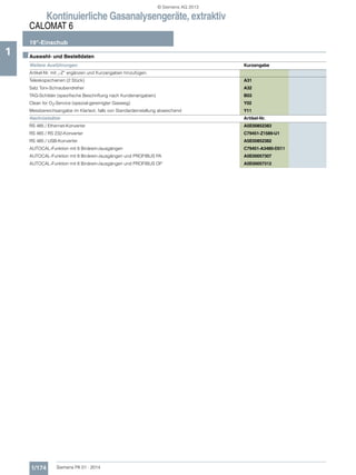 Kontinuierliche Gasanalysengeräte, extraktiv
CALOMAT 6
19"-Einschub
1/174 Siemens PA 01 · 2014
1 ■Auswahl- und Bestelldaten
Weitere Ausführungen Kurzangabe
Artikel-Nr. mit „-Z“ ergänzen und Kurzangaben hinzufügen.
Teleskopschienen (2 Stück) A31
Satz Torx-Schraubendreher A32
TAG-Schilder (spezifische Beschriftung nach Kundenangaben) B03
Clean for O2-Service (spezial-gereinigter Gasweg) Y02
Messbereichsangabe im Klartext, falls von Standardeinstellung abweichend Y11
Nachrüstsätze Artikel-Nr.
RS 485 / Ethernet-Konverter A5E00852383
RS 485 / RS 232-Konverter C79451-Z1589-U1
RS 485 / USB-Konverter A5E00852382
AUTOCAL-Funktion mit 8 Binärein-/ausgängen C79451-A3480-D511
AUTOCAL-Funktion mit 8 Binärein-/ausgängen und PROFIBUS PA A5E00057307
AUTOCAL-Funktion mit 8 Binärein-/ausgängen und PROFIBUS DP A5E00057312
© Siemens AG 2013
 