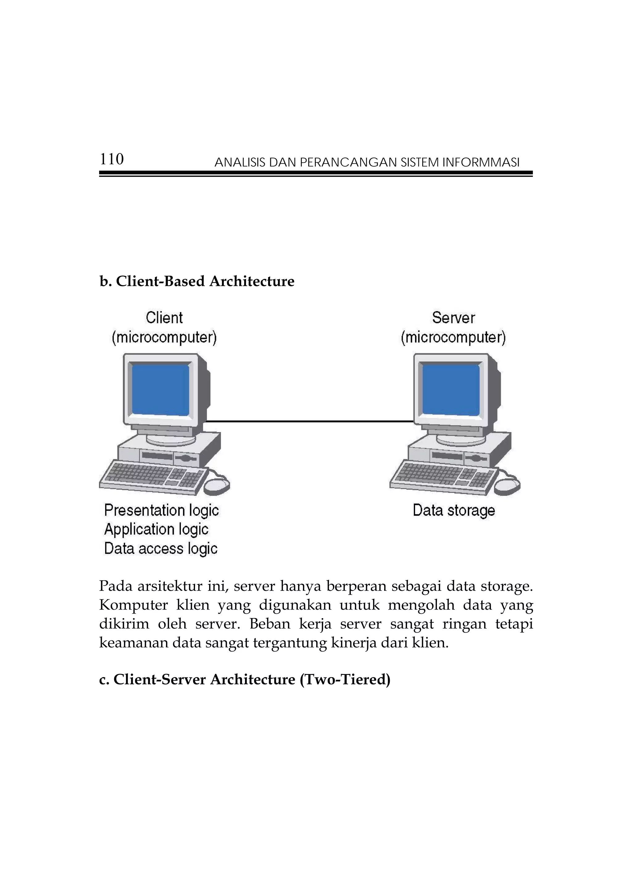 110             ANALISIS DAN PERANCANGAN SISTEM INFORMMASI




b. Client-Based Architecture




Pada arsitektur ini, server hanya berperan sebagai data storage.
Komputer klien yang digunakan untuk mengolah data yang
dikirim oleh server. Beban kerja server sangat ringan tetapi
keamanan data sangat tergantung kinerja dari klien.

c. Client-Server Architecture (Two-Tiered)
 