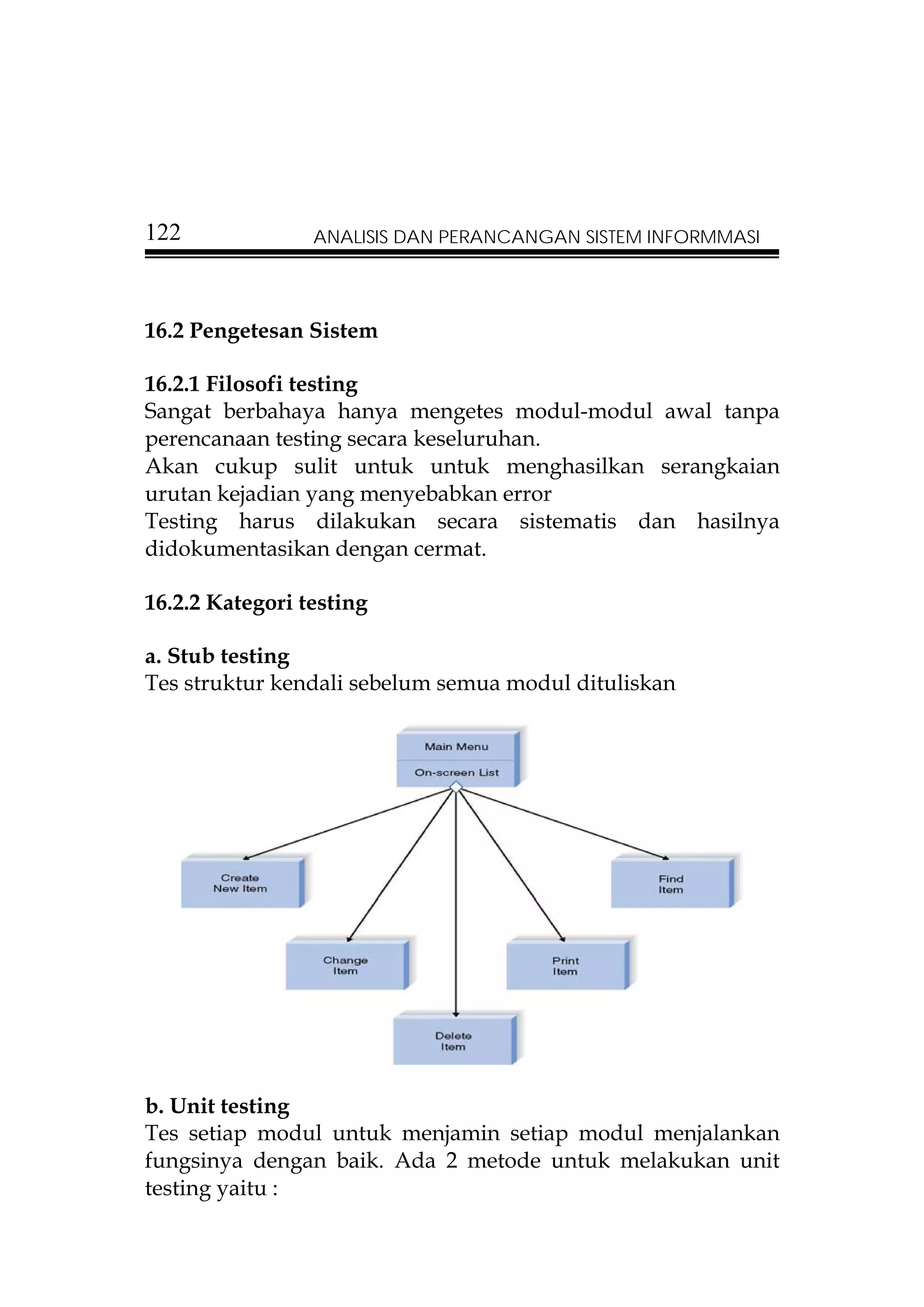 122              ANALISIS DAN PERANCANGAN SISTEM INFORMMASI




16.2 Pengetesan Sistem

16.2.1 Filosofi testing
Sangat berbahaya hanya mengetes modul-modul awal tanpa
perencanaan testing secara keseluruhan.
Akan cukup sulit untuk untuk menghasilkan serangkaian
urutan kejadian yang menyebabkan error
Testing harus dilakukan secara sistematis dan hasilnya
didokumentasikan dengan cermat.

16.2.2 Kategori testing

a. Stub testing
Tes struktur kendali sebelum semua modul dituliskan




b. Unit testing
Tes setiap modul untuk menjamin setiap modul menjalankan
fungsinya dengan baik. Ada 2 metode untuk melakukan unit
testing yaitu :
 