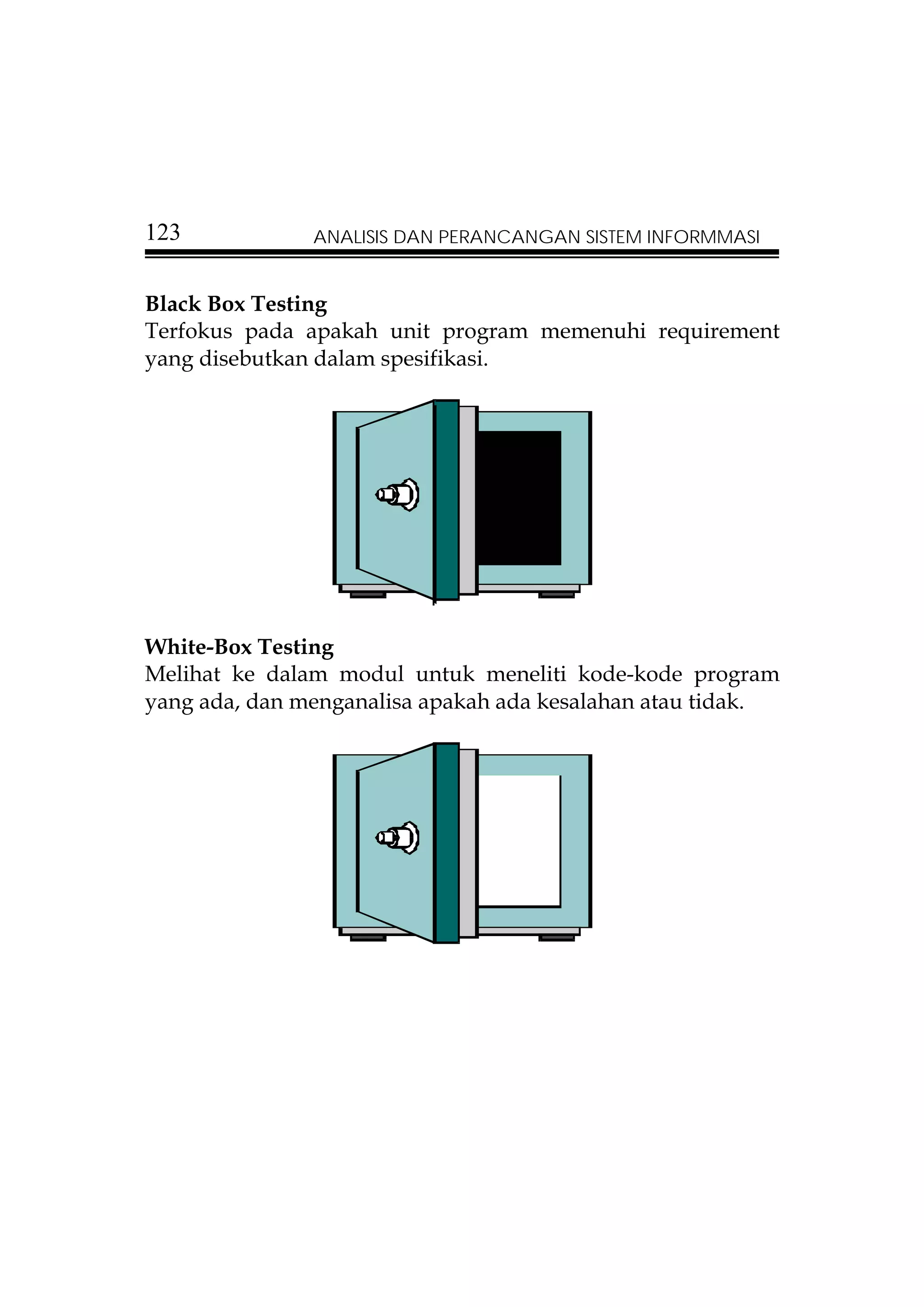 123            ANALISIS DAN PERANCANGAN SISTEM INFORMMASI


Black Box Testing
Terfokus pada apakah unit program memenuhi requirement
yang disebutkan dalam spesifikasi.




White-Box Testing
Melihat ke dalam modul untuk meneliti kode-kode program
yang ada, dan menganalisa apakah ada kesalahan atau tidak.
 