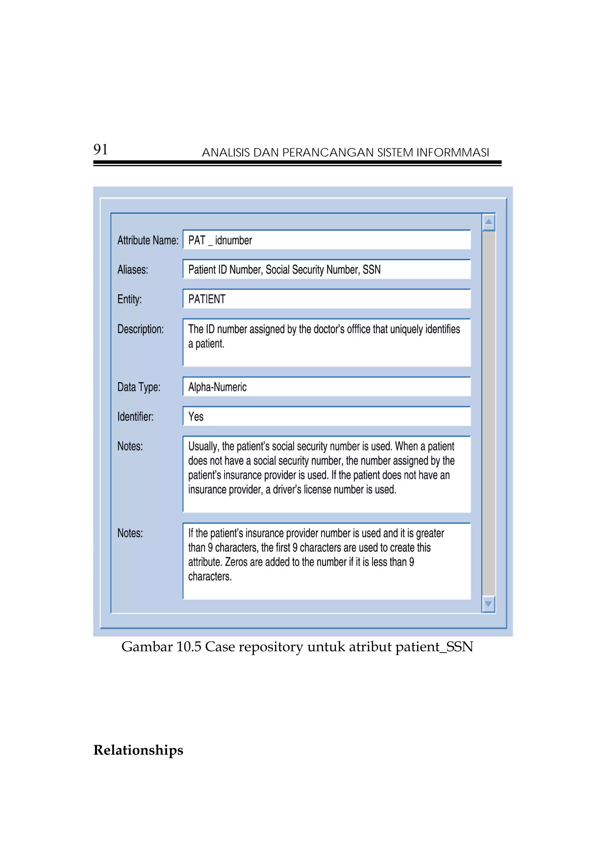 91               ANALISIS DAN PERANCANGAN SISTEM INFORMMASI




     Gambar 10.5 Case repository untuk atribut patient_SSN




Relationships
 