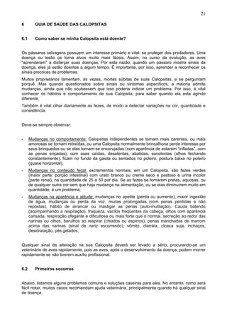 21

6        GUIA DE SAÚDE DAS CALOPSITAS


6.1      Como saber se minha Calopsita está doente?


Os pássaros selvagens possuem um interesse primário e vital: se proteger dos predadores. Uma
doença ou lesão os torna alvos muito mais fáceis. Assim, no curso da evolução, as aves
“aprenderam” a disfarçar suas doenças. Por esta razão, quando um pássaro mostra sinais da
doença, eles já estão doentes a algum tempo. É importante, por isso, aprender a reconhecer os
sinais precoces de problemas.
Muitos proprietários lamentam, às vezes, mortes súbitas de suas Calopsitas, e se perguntam
porquê. Mas quando questionados sobre sinais ou sintomas específicos, a maioria admite
mudanças, ainda que não soubessem que isso poderia indicar um problema. Por isso, é vital
conhecer os hábitos e comportamento de sua Calopsita, para saber quando ela esta agindo
diferente.
Também é vital olhar diariamente as fezes, de modo a detectar variações na cor, quantidade e
consistência.


Deve-se sempre observar:


-     Mudanças no comportamento: Calopsitas independentes se tornam mais carentes, ou mais
      amorosas se tornam retraídas, ou uma Calopsita normalmente brincalhona perde interesse por
      seus brinquedos ou se elas tornam-se encorujadas (com aparência de estarem “infladas”, com
      as penas eriçadas), com asas caídas, desatentas, abatidas, sonolentas (olhos fechando
      constantemente), ficam no fundo da gaiola ou sentados no poleiro, postura baixa no poleiro
      (quase horizontal);
-     Mudanças no conteúdo fecal: excrementos normais, em um Calopsita, são fezes verdes
      (maior parte: porção intestinal) com urato branco ou creme seco e pastoso e urina incolor
      (parte renal), na quantidade de 25 a 50 por dia. Se as fezes se tornarem pretas, aquosas, ou
      de qualquer outra cor sem que haja mudança na alimentação, ou se elas diminuírem muito em
      quantidade, é um problema;
-     Mudanças na aparência e atitude: mudanças no apetite (perda ou aumento), maior ingestão
      de água, mudanças ou perda da voz, mudas prolongadas (com penas perdidas e não
      repostas), hábito de arrancar ou mastigar as penas (auto-mutilação). Cauda batendo
      (acompanhando a respiração), fraqueza, vacilos freqüentes da cabeça, olhos com aparência
      cansada, respiração ofegante e dificultosa ou mais forte que o normal, secreção ao redor das
      narinas ou olhos, barulhos ao respirar (chiados ou espirros), penas manchadas de marrom
      acima das narinas (sinal de nariz escorrendo), vômito, diarréia, cloaca suja, inchaços,
      desidratação, pés gelados;


Qualquer sinal de alteração na sua Calopsita deverá ser levado a sério, procurando-se um
veterinário de aves rapidamente, pois as aves, após o desenvolvimento da doença, podem morrer
rapidamente se não tiverem auxílio profissional.


6.2      Primeiros socorros


Abaixo, listamos alguns problemas comuns e soluções caseiras para eles. No entanto, como será
fácil notar, muitos casos recomendam ajuda veterinária, principalmente quando há qualquer sinal
de doença.
 