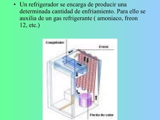 Un refrigerador se encarga de producir una determinada cantidad de enfriamiento. Para ello se auxilia de un gas refrigerante ( amoniaco, freon 12, etc.) 