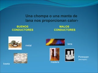 Una chompa o una manta de lana nos proporcionan calor ? BUENOS CONDUCTORES MALOS CONDUCTORES lana madera Porexpan (tecnopor) metal loseta
