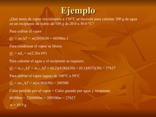 Ejemplo ¿Qué masa de vapor inicialmente a 130°C se necesita para calentar 200 g de agua en un recipiente de vidrio de 100 g de 20.0 a 50.0 °C? Para enfriar el vapor Q 1  = mc  T = m (2010)30 = 60300 m  J Para condensar el vapor se libera: Q 2  =  mL f  =  m (2.26x10 6 ) Para calentar el agua y el recipiente se requiere: Q 3  =  m w c w  T + m V c v  T =  (0.2)(4186)(30) + (0.1)(837)(30) = 27627 Para enfriar el vapor (agua) de 100°C a 50°C Q 3  =  mc w  T = m (4186)(50) = 209300 Calor perdido por el vapor = Calor ganado por agua y recipiente 60300 m  + 2260000 m  + 209300 m  = 27627 m  = 10.9 g 