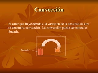 Convección El calor que fluye debido a la variación de la densidad de aire se denomina convección. La convección puede ser natural o forzada. Radiador 