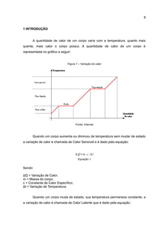 6
1 INTRODUÇÃO
A quantidade de calor de um corpo varia com a temperatura, quanto mais
quente, mais calor o corpo possui. A quantidade de calor de um corpo é
representada no gráfico a seguir:
Figura 1 – Variação do calor
Fonte: Internet
Quando um corpo aumenta ou diminuiu de temperatura sem mudar de estado
a variação de calor é chamada de Calor Sensível e é dado pela equação:
Equação 1
Sendo:
ΔQ = Variação de Calor;
m = Massa do corpo;
c = Constante de Calor Específico;
Δt = Variação de Temperatura.
Quando um corpo muda de estado, sua temperatura permanece constante, e
a variação de calor é chamada de Calor Latente que é dado pela equação:
ΔQ=m .c.Δt
 