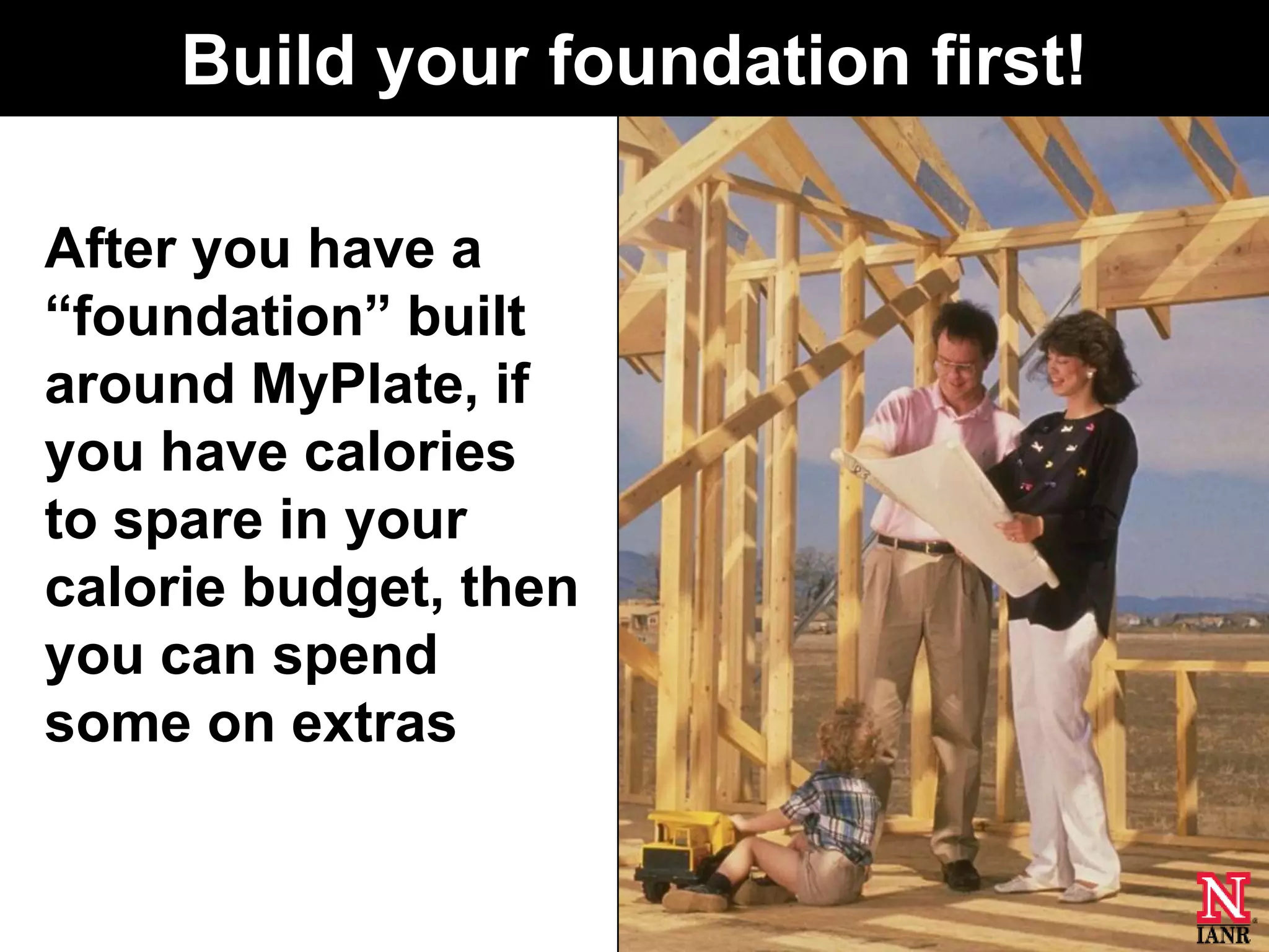 Build your foundation first!

After you have a
―foundation‖ built
around MyPlate, if
you have calories
to spare in your
calorie budget, then
you can spend
some on extras
 