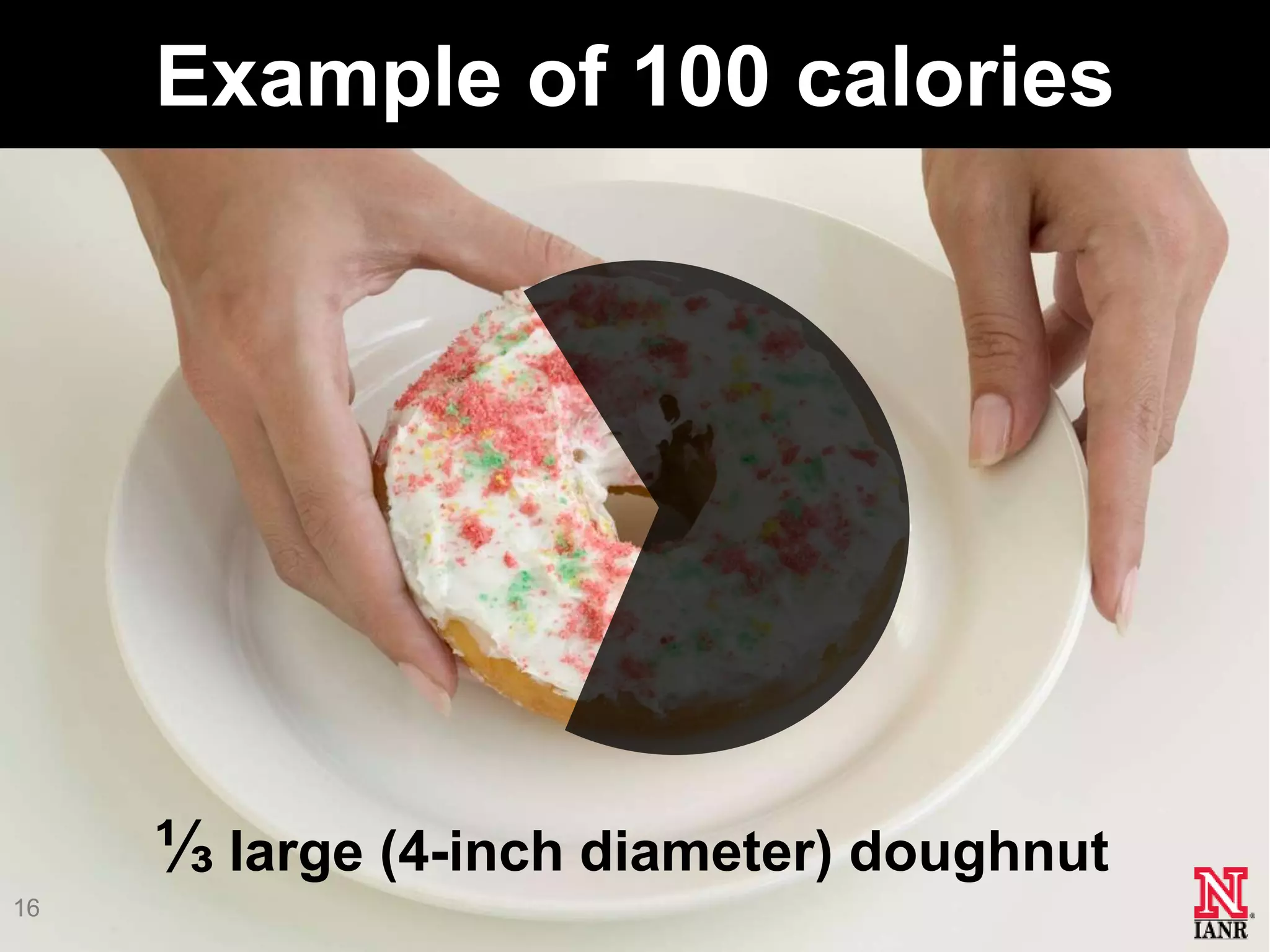Example of 100 calories




     ⅓ large (4-inch diameter) doughnut
16
 