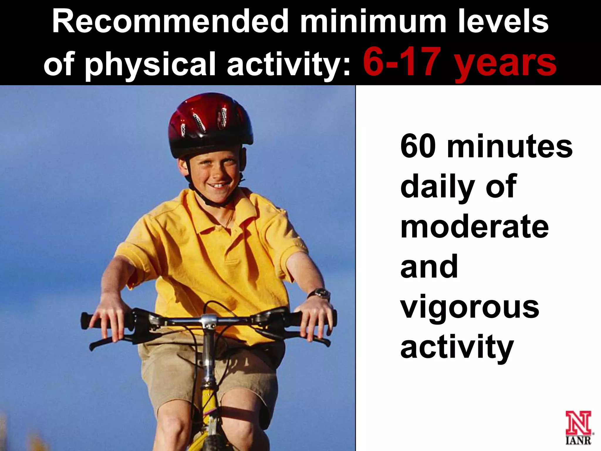 Recommended minimum levels
of physical activity: 6-17 years

                      60 minutes
                      daily of
                      moderate
                      and
                      vigorous
                      activity
 