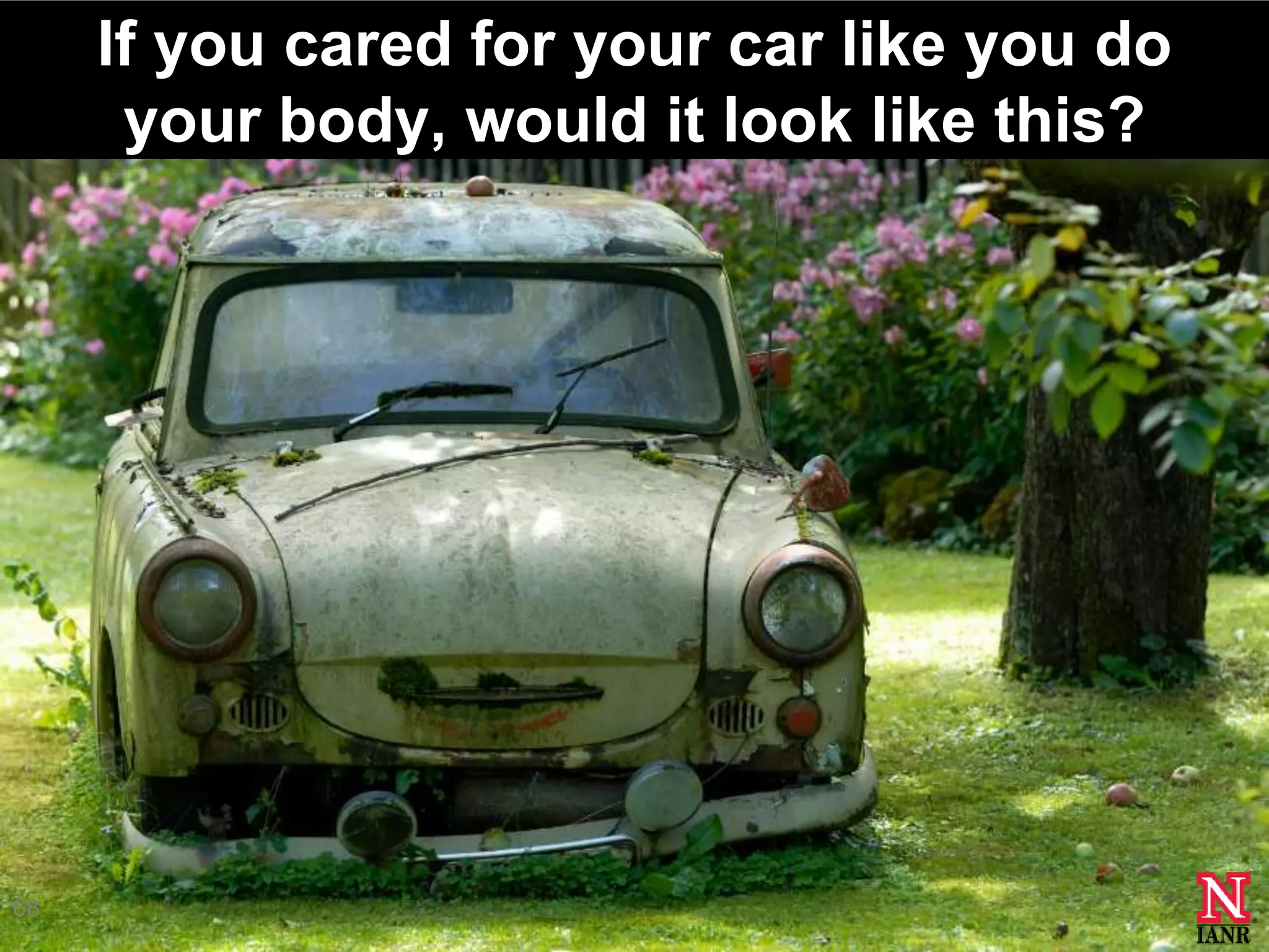 If you cared for your car like you do
      your body, would it look like this?




68
 