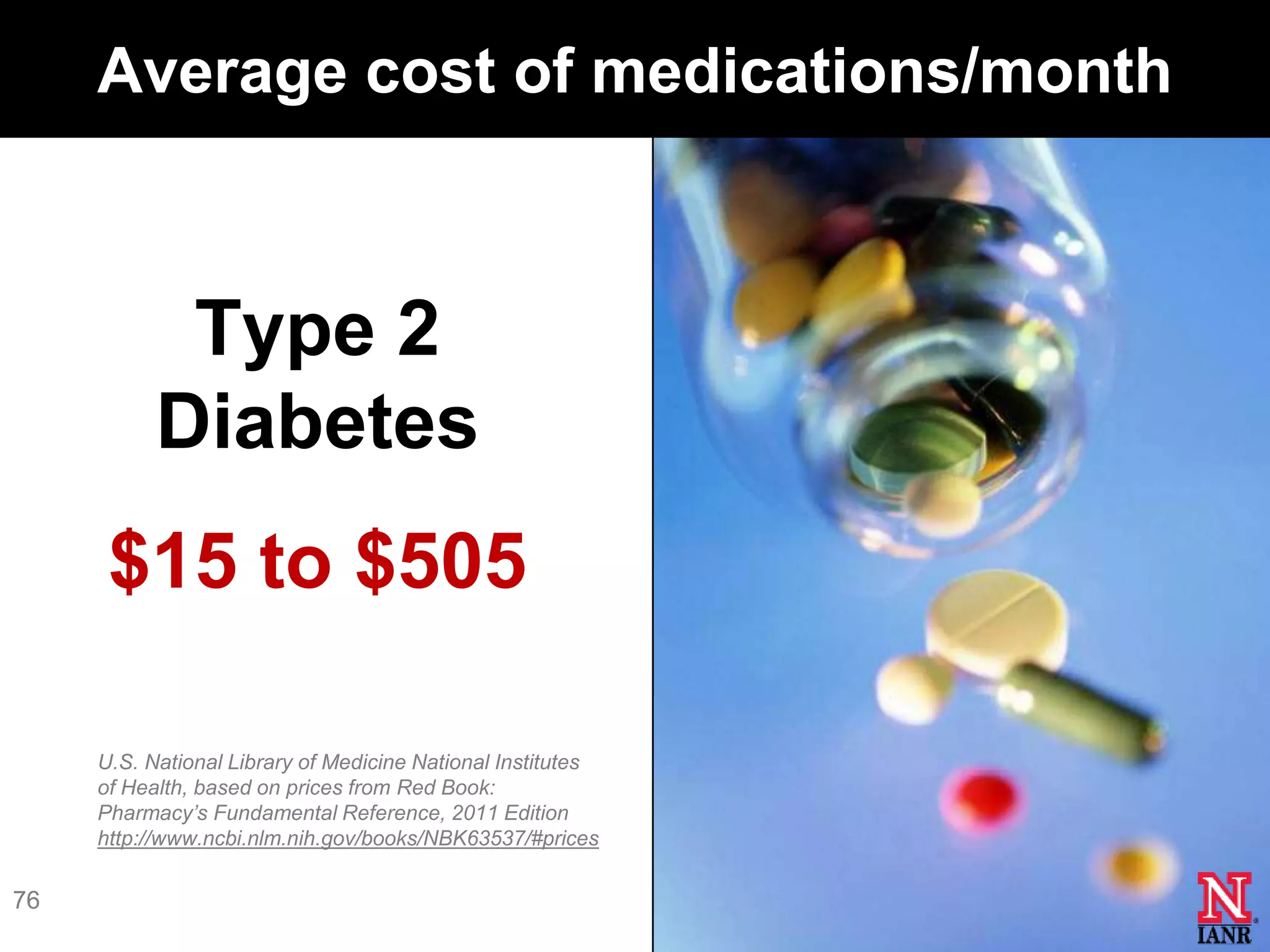 Average cost of medications/month



            Type 2
           Diabetes
      $15 to $505

     U.S. National Library of Medicine National Institutes
     of Health, based on prices from Red Book:
     Pharmacy’s Fundamental Reference, 2011 Edition
     http://www.ncbi.nlm.nih.gov/books/NBK63537/#prices

76
 