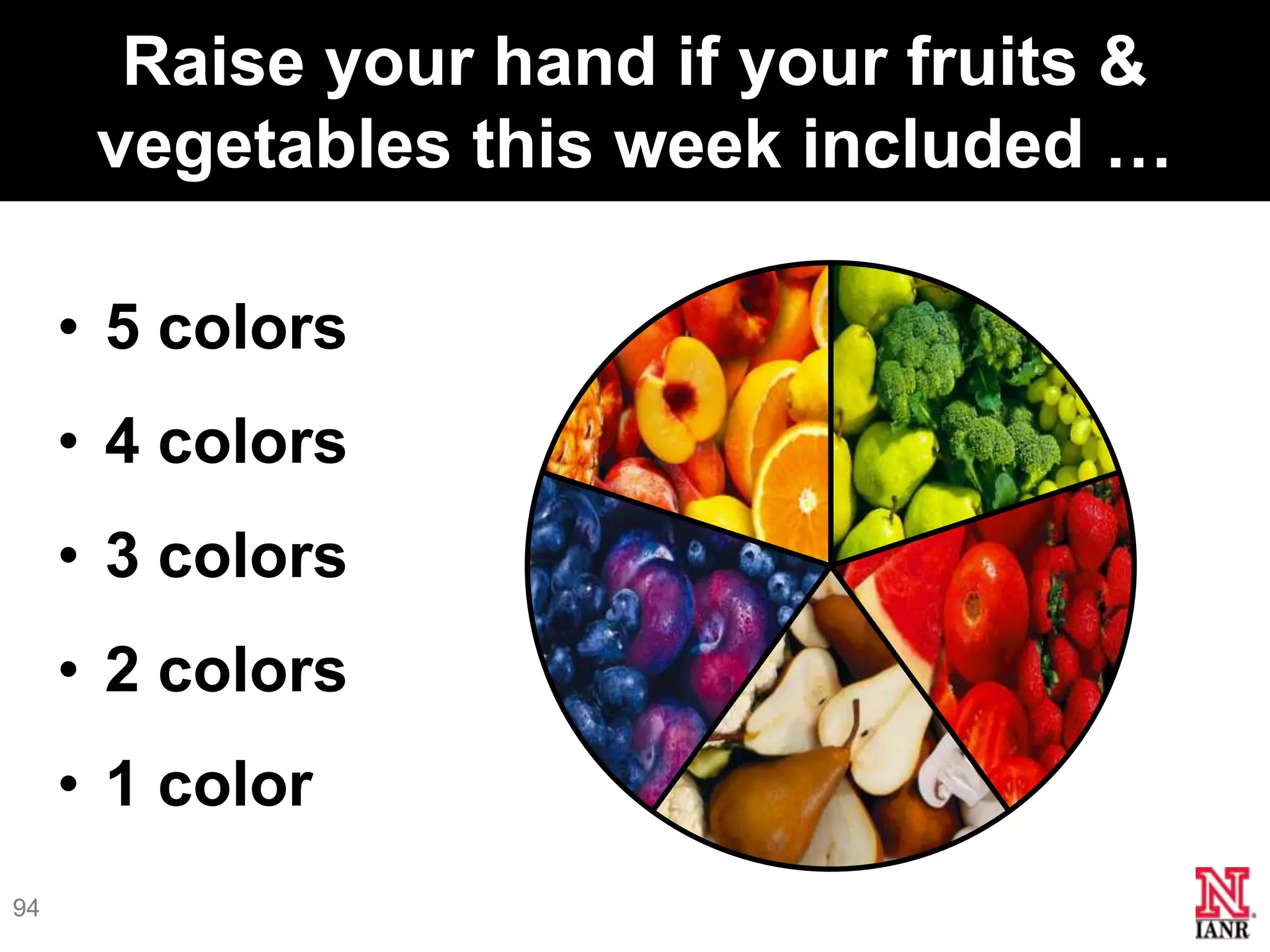 Raise your hand if your fruits &
      vegetables this week included …

     • 5 colors
     • 4 colors
     • 3 colors
     • 2 colors
     • 1 color
94
 