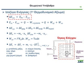 Έναυση
Μείκτη
ς
Οβίδα
Αδιαβατικό
δοχείο
Θερμόμετρο
Μετρούμενη
ουσία
Νερό
11
Θεωρητικό Υπόβαθρο
➢ Ισοζύγιο Ενέργειας (1ο Θερμοδυναμικό Αξίωμα)
 Δ𝐸𝑠𝑦𝑠 = 𝐸𝑖𝑛 – 𝐸𝑜𝑢𝑡
 𝐸𝑖𝑛 – 𝐸𝑜𝑢𝑡 = 𝑄 − 𝑊→𝑠𝑦𝑠𝑡𝑒𝑚 = 𝑄 + 𝑊𝜂𝜆 + 𝑊𝛼𝜈
 Δ𝐸𝑠𝑦𝑠 = ΔΕχημ + ΔΕσ + ΔΕκαψ + ΔΕνερού
 ΔΕ𝜎 = −𝑚𝜎 · 𝑢𝜎 ,
ΔΕ𝜒𝜂𝜇 = −𝑚𝜅 · 𝑢𝑜 ,
 𝑊𝜂𝜆 = 𝐼2𝑅𝑤Δ𝑡 , 𝑊𝛼𝜈 = ΤωΔt
 Δ𝐸𝑖 = Δ𝑈𝑖 = 𝑚𝑖 · 𝑐𝑖 · ΔΤ│𝑖 = 𝜅𝛼𝜓, 𝜈, 𝜇
μ: μεταλλικές μάζες
καψ: κάψα
ν: νερό
χημ:χημική (μίγμα)
σ: σύρμα έναυσης
κ: καύσιμο
αν: αναδευτήρας
w: βολφράμιο
Όγκος Ελέγχου
 