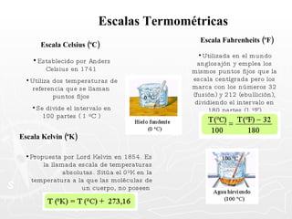 Escalas Termométricas Escala Celsius (ºC) Establecido por Anders Celsius en 1741 Utiliza dos temperaturas de referencia que se llaman puntos fijos Se divide el intervalo en 100 partes ( 1 ºC ) Escala Fahrenheits (ºF) Utilizada en el mundo anglosajón y emplea los mismos puntos fijos que la escala centígrada pero los marca con los números 32 (fusión) y 212 (ebullición), dividiendo el intervalo en 180 partes (1 ºF) Escala Kelvin (ºK) Propuesta por Lord Kelvin en 1854. Es la llamada escala de temperaturas absolutas. Sitúa el 0ºK en la temperatura a la que las moléculas de un cuerpo, no poseen  