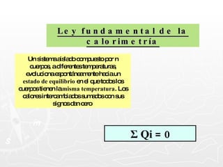 Ley fundamental de la calorimetría Un sistema aislado compuesto por n cuerpos, a diferentes temperaturas, evoluciona espontáneamente hacia un  estado de equilibrio  en el que todos los cuerpos tienen la  misma temperatura . Los calores intercambiados sumados con sus signos dan cero  Σ Qi = 0 