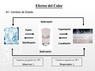 Efectos del Calor 1º .-  Cambios de Estado Fusión Vaporización Sublimación Solidificación Licuefacción Sublimación Cambios progresivos (  ) Absorven  Q Cambios regresivos (  ) Desprenden  Q 