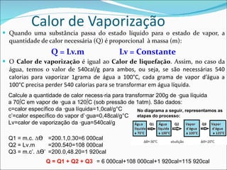Calor de Vaporização Quando uma substância passa do estado líquido para o estado de vapor, a quantidade de calor necessária (Q) é proporcional  à massa (m): Q = Lv.m Lv = Constante O  Calor de vaporização  é igual ao  Calor de liquefação . Assim, no caso da água, temos o valor de  540cal/g para ambos, ou seja, se são necessárias 540 calorias para vaporizar 1grama de água a 100°C, cada grama de vapor d’água a 100°C precisa perder 540 calorias para se transformar em água líquida. Calcule a quantidade de calor necessária para transformar 200g de água líquida  a 70ºC em vapor de água a 120ºC (sob pressão de 1atm). São dados: c=calor específico da água líquida=1,0cal/g°C c’=calor específico do vapor d’água=0,48cal/g°C Lv=calor de vaporização da água=540cal/g No diagrama a seguir, representamos as etapas do processo: Q1 = m.c. ∆ ϴ Q2 = Lv.m Q3 = m.c’. ∆ ϴ ’ =200.1,0.30=6 000cal =200.540=108 000cal =200.0,48.20=1 920cal Q = Q1 + Q2 + Q3 = 6 000cal+108 000cal+1 920cal=115 920cal 