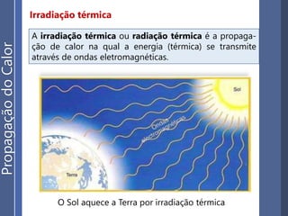Irradiação térmica
A irradiação térmica ou radiação térmica é a propaga-
ção de calor na qual a energia (térmica) se transmite
através de ondas eletromagnéticas.
O Sol aquece a Terra por irradiação térmica
PropagaçãodoCalor
 
