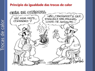 Princípio da igualdade das trocas de calor
Trocasdecalor
Quando dois ou mais corpos trocam calor entre si, até
estabelecer-se o equilíbrio térmico, é nula a soma das
quantidades de calor trocas por eles.
O líquido A, a 40ºC, ao ser
misturado com o líquido B,
a 20ºC, fornece calor a ele,
de modo que a mistura dos
dois tem uma temperatura
de equilíbrio de 32ºC.
 