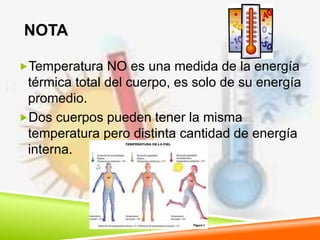 NOTA
Temperatura NO es una medida de la energía
térmica total del cuerpo, es solo de su energía
promedio.
Dos cuerpos pueden tener la misma
temperatura pero distinta cantidad de energía
interna.
 