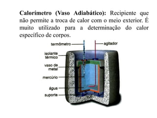 Calorímetro (Vaso Adiabático): Recipiente que
não permite a troca de calor com o meio exterior. É
muito utilizado para a determinação do calor
específico de corpos.
 
