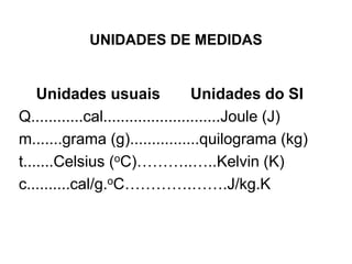 UNIDADES DE MEDIDAS
Unidades usuais Unidades do SI
Q............cal...........................Joule (J)
m.......grama (g)................quilograma (kg)
t.......Celsius (oC)………..…..Kelvin (K)
c..........cal/g.oC………….…….J/kg.K
 