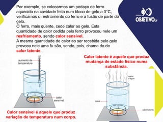 Por exemplo, se colocarmos um pedaço de ferro
aquecido na cavidade feita num bloco de gelo a 0°C,
verificamos o resfriamento do ferro e a fusão de parte do
gelo.
O ferro, mais quente, cede calor ao gelo. Esta
quantidade de calor cedida pelo ferro provocou nele um
resfriamento, sendo calor sensível.
A mesma quantidade de calor ao ser recebida pelo gelo
provoca nele uma fu são, sendo, pois, chama do de
calor latente.
Calor sensível é aquele que produz
variação de temperatura num corpo.
Calor latente é aquele que produz
mudança de estado físico numa
substância.
 